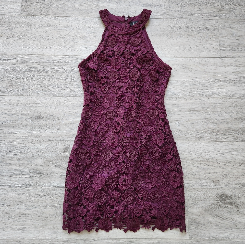 Lulus Love Poem Burgundy Halter Dress Womens Small Mini Crochet Lace Cocktail